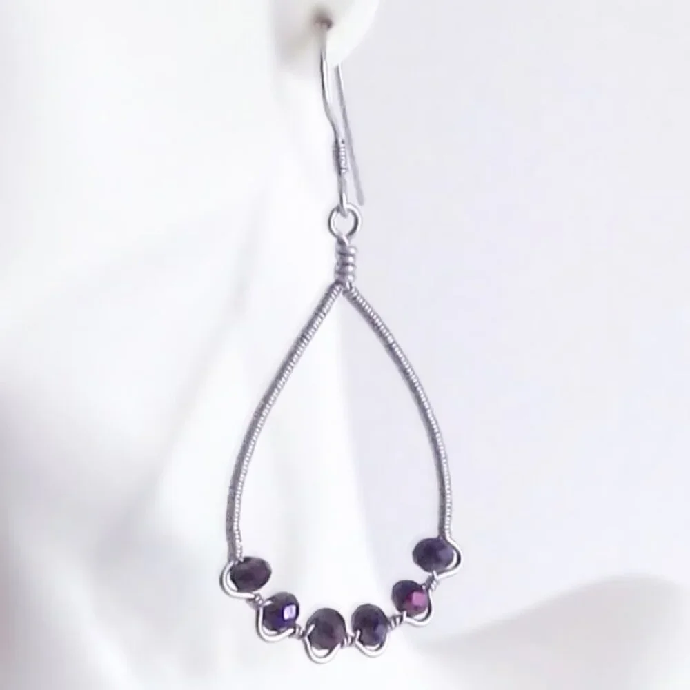 Metallic Purple Crystals Wire Wrapped ZigZag Teardrop Hoop Earrings - Picture 2 of 3